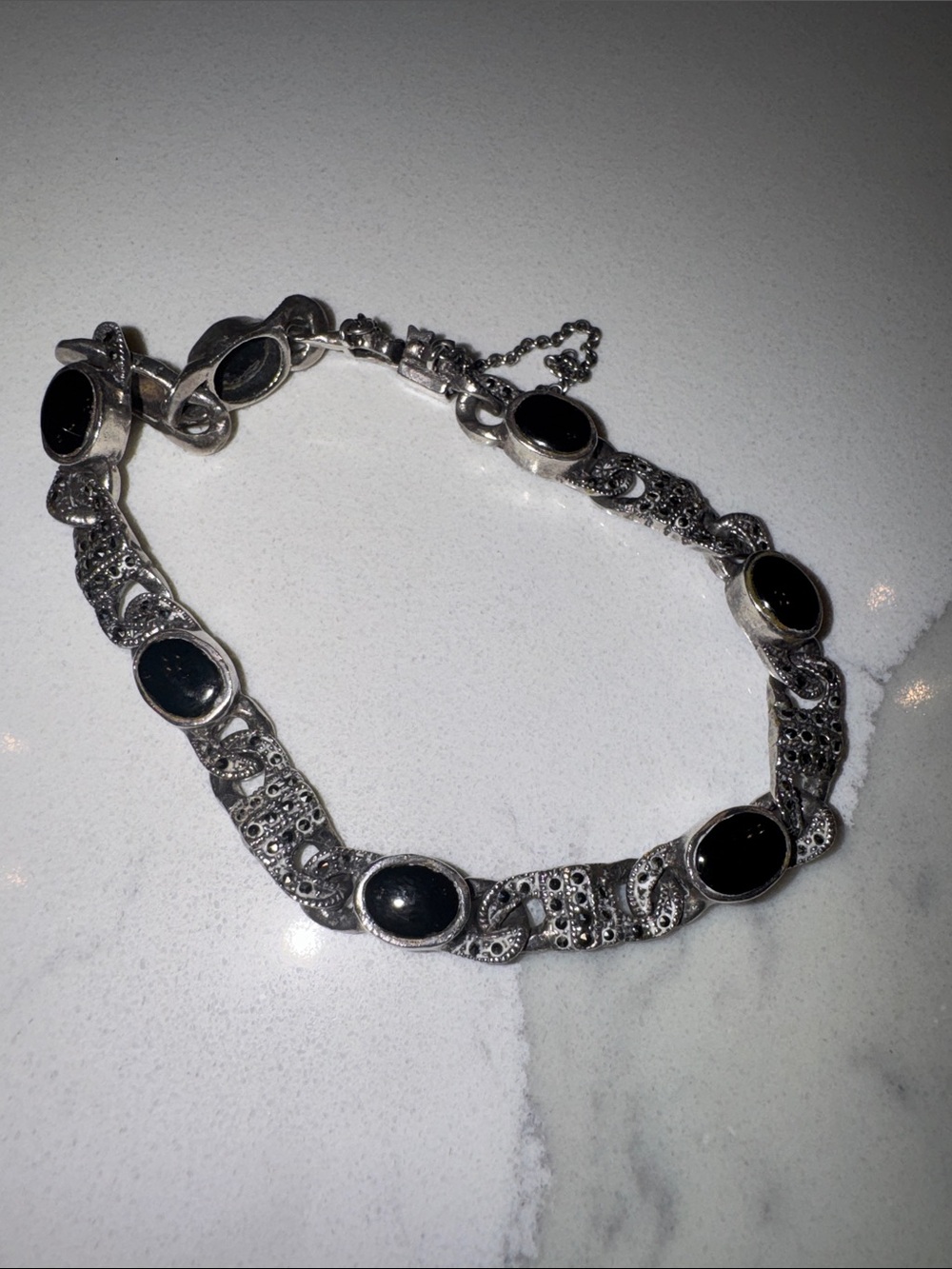 Sterling Silver Black Stone and Marcasite Link Bracelet